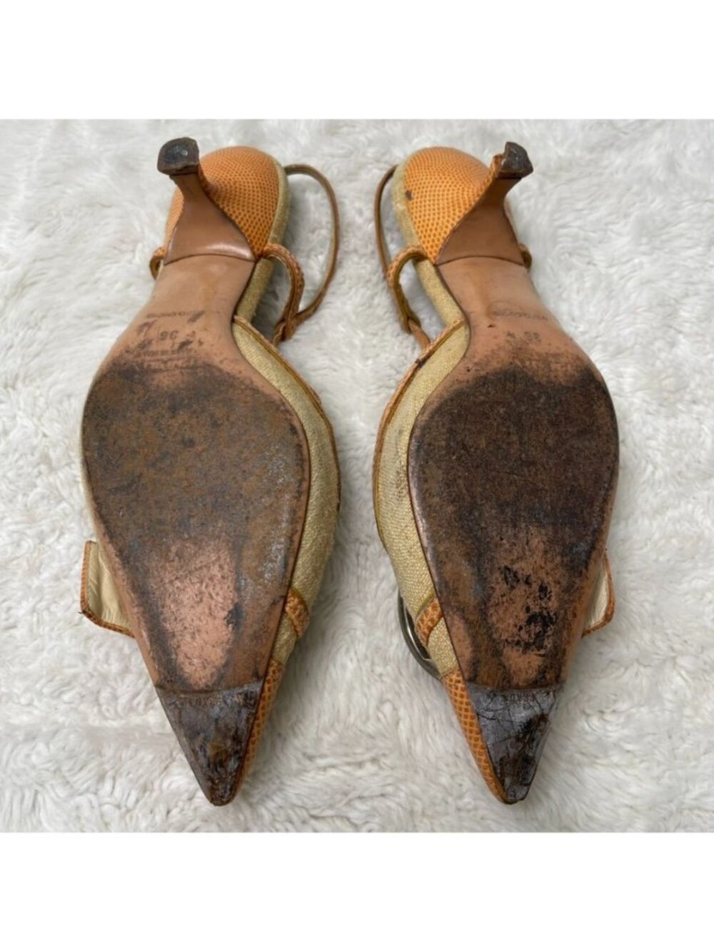 Vintage Prada Slingback Mules Size 36 Orange Snakeskin Leather Buckle Kitten Hee - Picture 14 of 15